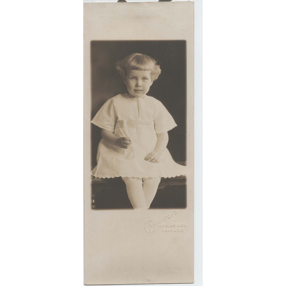 Antique Chambers Studio Chicago Sepia Portrait Child White Dress Cabinet Card - Picture 1 of 1